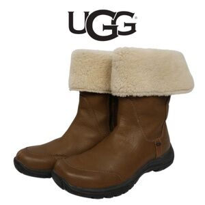 UGG Sheepskin Lined Waterproof Leather Mid-Calf Boots - Chestnut Brown - Size 8